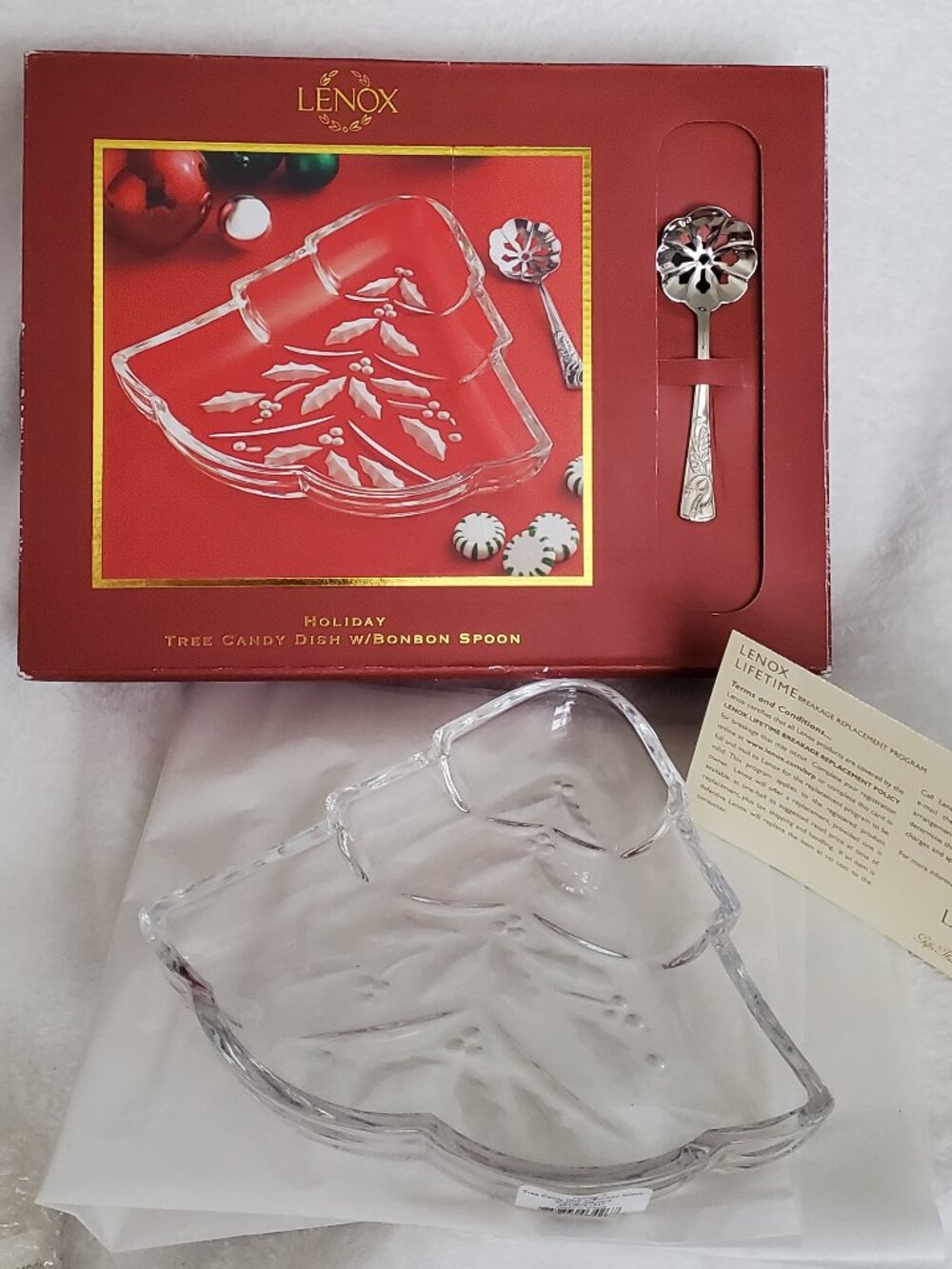 Lenox Crystal Holiday Tree Dish and Bonbon Spoon Set  Vintage in Box!